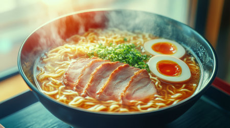 A steaming bowl of delicious tonkotsu ramen, featuring rich and creamy pork bone broth, tender noodles, and slices of melt-in-your-mouth chashu pork.の素材