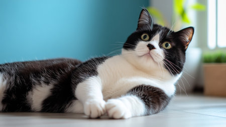 A fat black and white cat lying on its side on the floor, lazily stretching its legs, showing off its round belly.の素材