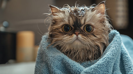A fluffy cat with its fur matted by water, being dried with a towel, with a focus on the cat adorable, slightly damp appearance.の素材