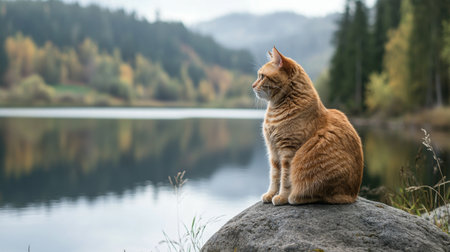 A fat cat sitting on a rock by a lake, its fur slightly damp and enjoying the natural surroundings.の素材