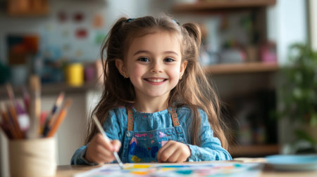 A little girl painting a picture of her family, with bright colors and big smiles, while sitting at a kitchen table.の素材