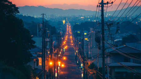 A high-angle view of a street lined with electric poles, captured at dusk with the lights on, emphasizing the role of electricity in daily life.の素材