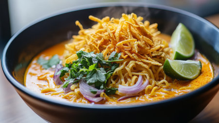 A steaming bowl of Khao Soi, Northern Thai curry noodles, topped with crispy noodles, pickled mustard greens, and fresh lime wedges.の素材