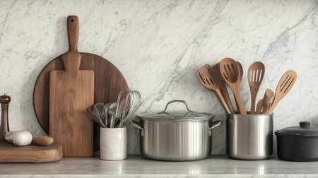 A minimalist kitchen setup with stainless steel pots, cast iron skillet, and wooden utensils neatly organized on a marble countertop, blending style with functionalityの素材