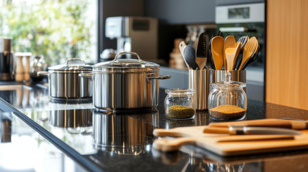 A modern kitchen setup with sleek stainless steel pots, glass jars, and wooden cooking utensils arranged on a black granite countertop, blending style with functionality.の素材