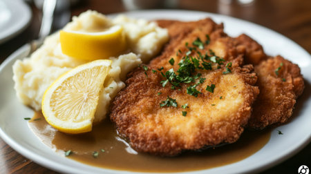 A plate of crispy chicken schnitzel served with a wedge of lemon and a side of creamy mashed potatoes and gravy, a comforting classic dish.の素材