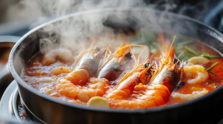 A steaming pot of spicy tom yum soup filled with plump shrimp, lemongrass, galangal, and chili, with wisps of aromatic steam rising.の素材