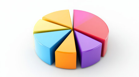 A rotating 3D pie chart with distinct segments and vibrant colors, displayed against a clean white background to highlight the chart's dynamic nature.の素材