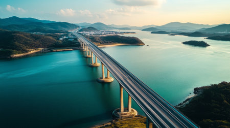 A scenic view of an expressway crossing a large bridge, with the water or landscape below and the road stretching into the horizon, emphasizing the infrastructure's scale.の素材