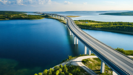 A scenic view of an expressway crossing a large bridge, with water or landscape below and the road stretching into the distance, highlighting infrastructure scale.の素材