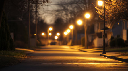 A series of streetlights lining a quiet suburban road, with the warm light creating a peaceful and inviting atmosphere in the evening.の素材