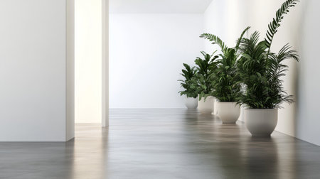 A sleek hallway in minimalist design, with white walls, polished concrete floors, and a row of potted plants, creating a sense of openness and flow.の素材