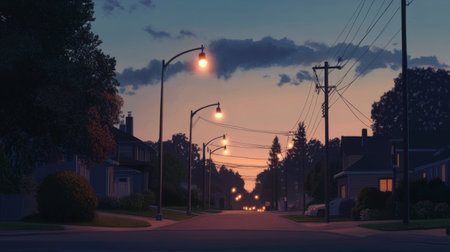 A series of streetlights lining a quiet suburban road, with the warm light creating a peaceful and inviting atmosphere in the evening.の素材