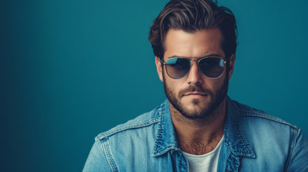 A stylish, handsome man wearing casual clothing and sunglasses, with a sharp focus on his facial features and a clean, minimalist background.の素材