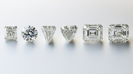 A set of different diamond cuts (round, princess, emerald) displayed on a white background, arranged neatly in a row, emphasizing variety and elegance.の素材