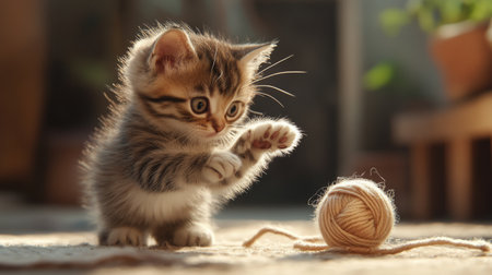 A playful kitten batting at a ball of yarn, its tiny paws and wide-eyed focus creating a heartwarming scene.の素材