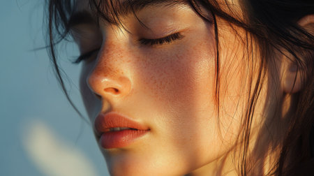 A serene close-up of a woman with minimal makeup, her face softly lit, exuding calmness and confidence.の素材