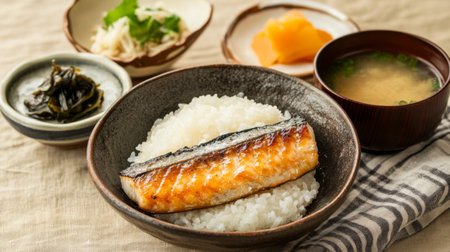 A traditional Japanese breakfast set featuring grilled fish, steamed rice, miso soup, pickles, and a side of nori seaweed.の素材