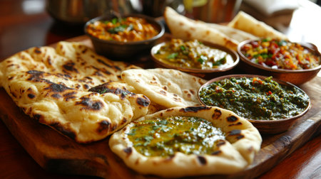 A tantalizing platter of assorted Indian bread, including naan, roti, and paratha, served with flavorful curries and chutneys, a staple of Indian cuisineの素材
