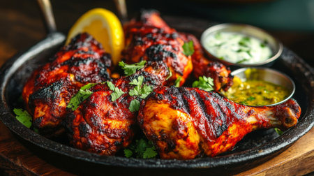 A tantalizing plate of tandoori chicken, marinated in yogurt and spices, roasted to perfection in a clay oven, served with mint chutney and lemon wedges.の素材