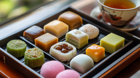 A tray of delectable wagashi, traditional Japanese sweets like mochi, dorayaki, and yokan, perfect for enjoying with a cup of green tea.の素材