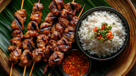 A tantalizing platter of Moo Ping, Thai grilled pork skewers marinated in a sweet and savory sauce, served with sticky rice and spicy dipping sauce.の素材