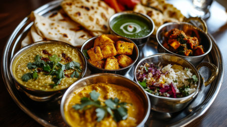 A traditional thali platter, featuring a selection of Indian dishes such as dal, paneer tikka, aloo gobi, and roti, offering a feast for the senses.の素材