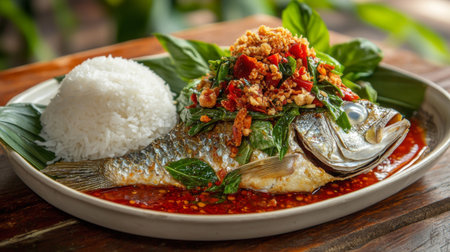 A tempting platter of Pla Rad Prik, Thai crispy fish topped with a spicy chili sauce and crispy basil leaves, served with steamed jasmine riceの素材