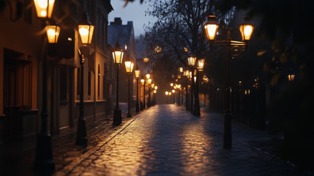 A wide-angle shot of a street with vintage-style streetlights, creating a nostalgic ambiance as they light up the path in an old town setting.の素材