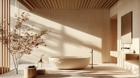 A tranquil bathroom in minimalist style, with clean lines, a freestanding bathtub, and natural wood accents, offering a spa-like retreat at home.の素材
