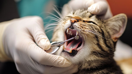 A veterinarian performing a dental check on a cat, with the cat mouth gently opened and the vet using specialized tools.の素材