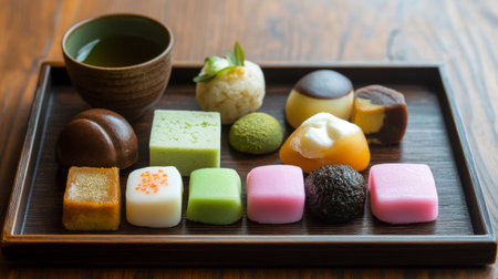 A tray of delectable wagashi, traditional Japanese sweets like mochi, dorayaki, and yokan, perfect for enjoying with a cup of green tea.の素材