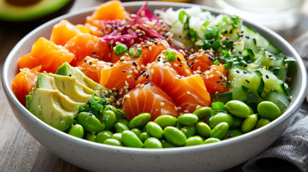 A vibrant poke bowl filled with diced salmon, avocado, edamame, and colorful vegetables, drizzled with sesame dressing and garnished with sesame seeds.の素材