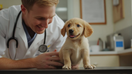 A veterinarian gently examining a cute puppy on an exam table, with the dog looking calm and the vet smiling reassuringly.の素材