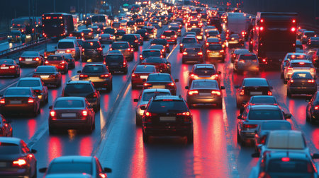 A traffic jam on an expressway during rush hour, with vehicles packed tightly and brake lights glowing, capturing urban congestion and its impact.の素材