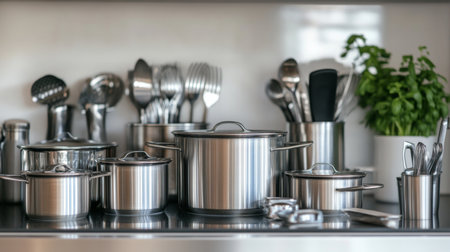 A well-organized kitchen scene showcasing stainless steel pots, pans, and utensils neatly arranged on a sleek countertop, ready for culinary adventures.の素材