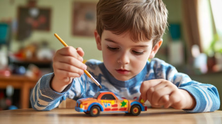 A young boy painting a wooden toy car, concentrating on the details and choosing bright, fun colors for his design.の素材