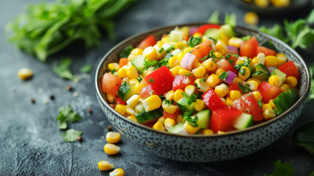 A vibrant corn salad with colorful vegetables in a bowl, with corn kernels as the main ingredient, perfect for a healthy and fresh meal conceptの素材