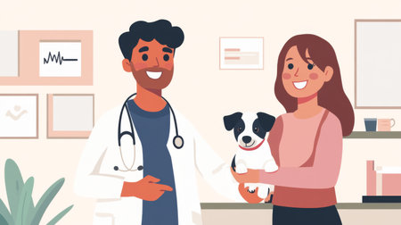 A veterinarian and pet owner smiling and talking after a successful check-up, with the pet owner holding a happy and healthy puppy.の素材