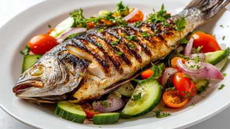 A whole grilled fish served with a colorful salad of tomatoes, cucumbers, and onions, presented on a white dish for a fresh, appetizing look.の素材
