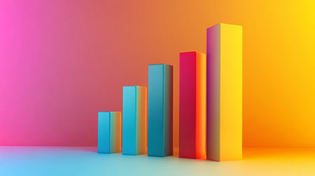 Abstract bar chart with colorful bars rising, set against a gradient background, business conceptの素材