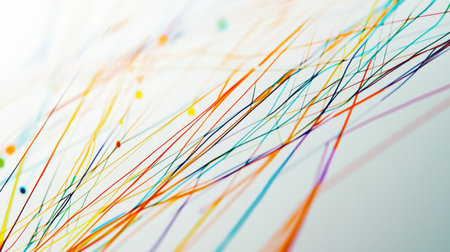An abstract graph with multiple colorful lines crossing each other on a white background, representing complex data analysis or market trends.の素材