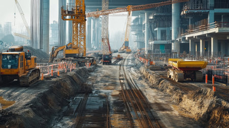 An expressway under construction with cranes, machinery, and construction barriers, depicting the development and maintenance of critical transportation routes.の素材