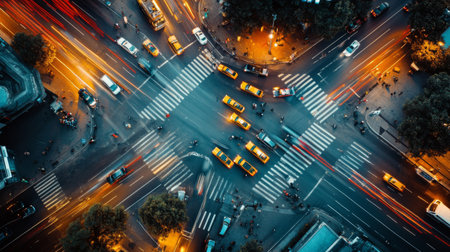 An intersection with cars moving in different directions, traffic lights, and pedestrian crossings, showing the organized chaos of city traffic.の素材