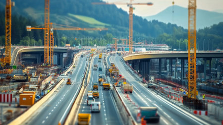 An expressway under construction with cranes, machinery, and construction barriers, depicting the development and maintenance of critical transportation routes.の素材