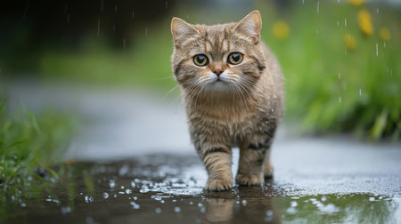 An adorable chubby cat standing in a puddle on a rainy day, its fur slightly wet and looking curiously at the water.の素材