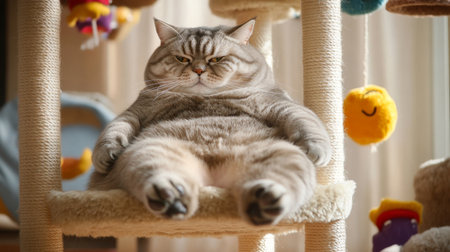 An overweight cat lounging in a cat tree, surrounded by various toys, capturing the essence of feline leisure.の素材