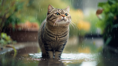 An adorable chubby cat standing in a puddle on a rainy day, its fur slightly wet and looking curiously at the water.の素材