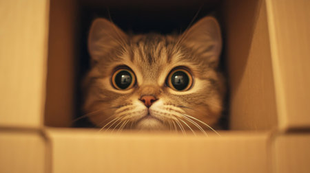 An adorable chubby cat peeking out from a cardboard box, its eyes wide with curiosity and mischief.の素材
