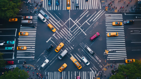 An intersection with cars moving in different directions, traffic lights, and pedestrian crossings, showing the organized chaos of city traffic.の素材